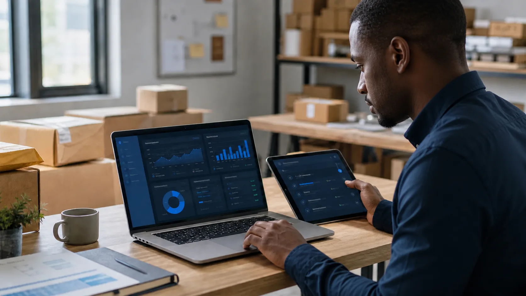 Black African operations professional using connected business software