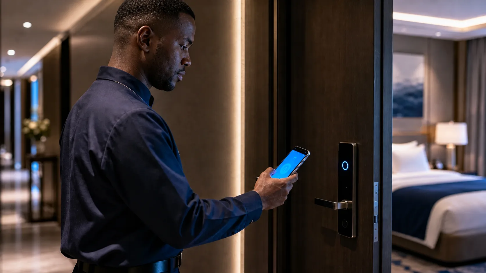 Black African hotel professional using an integrated smart-lock system